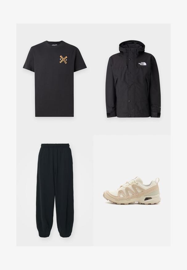 Mustan veekindel jakk, millel on kapuuts, tõmblukuga ja nuppudega kinnitamine ning brändi logo rinnal. Tootel on reguleeritavad mansetid ja sile tekstuur.; Mustmust.ee T-särk, millel on musta puuvilla kangas ja oranž graafiline disain. Rinnal on ristkülikuna sõnad "ELEMENT" ja "REMEMBER".; Mustade elastse vöökoha ja laia lõikega dressipüksid, mansetiga sääred, sile tekstuur ning ilma nähtavate mustrite või detailideta.; Beež ja koobalti spordijalats tekstureeritud võrkkattega, toetavad ülemised kihid ja kummist tallaga, millel on mustriga joonistus haardeks.