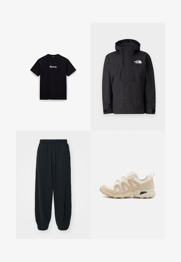 Juodas vandeniui atsparus džemperis su kapišonu, turintis užtrauktuką, sagas ir prekių ženklą ant krūtinės. Su reguliuojamomis rankovėmis ir lygiu paviršiumi.; Juodos medvilnės marškinėliai su apvaliu kaklu, trumpomis rankovėmis ir baltu stilizuotu tekstiniu logotipu krūtinėje. Lygus paviršius, kasdieniško silueto.; Juodi, su elastiniu juosmeniu sportiniai kelnės su laisvu siluetu, suapvalintais kulkšnimis, lygia tekstūra ir be matomų raštų ar metalinių akcentų.; Bežinės ir kreminės spalvos sportinės bateliai su tekstūruoto tinklelio viršutine dalimi, palaikančiomis detalėmis ir guminiais padais, turinčiais raštą, užtikrinantį sukibimą.