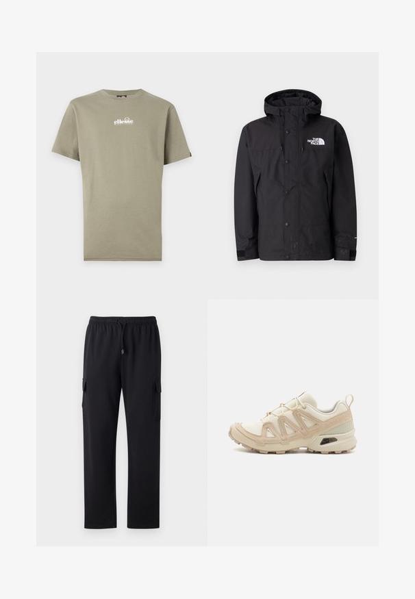 Black waterproof jacket with a hood, featuring a zip closure, buttons, and branded logo on the chest. Has adjustable cuffs and a smooth texture.; Olive green cotton t-shirt with short sleeves and a crew neck; features a white logo on the chest and a small brand tag on the left side.; Black cargo pants with a relaxed fit, elastic waistband, and drawstring. Features two side pockets for storage. Soft fabric texture.; Beige and cream athletic shoe with textured mesh upper, supportive overlays, and rubber outsole featuring a tread pattern for traction.