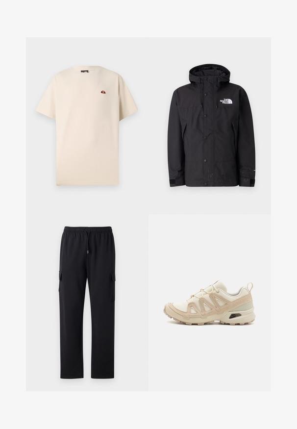 Black waterproof jacket with a hood, featuring a zip closure, buttons, and branded logo on the chest. Has adjustable cuffs and a smooth texture.; Beige cotton t-shirt with a round neck and short sleeves. Features a small red and yellow logo on the left chest. Smooth texture.; Black cargo pants with a relaxed fit, elastic waistband, and drawstring. Features two side pockets for storage. Soft fabric texture.; Beige and cream athletic shoe with textured mesh upper, supportive overlays, and rubber outsole featuring a tread pattern for traction.