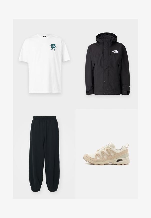 Chaqueta negra impermeable con capucha, con cierre de cremallera, botones y logo de la marca en el pecho. Cuenta con puños ajustables y una textura suave.; Camiseta blanca de algodón con un gráfico en verde azulado en el pecho, que representa un personaje rectangular con brazos y piernas, y texto de la marca.; Pantalones de chándal negros con cintura elástica, de corte holgado, con puños en los tobillos, textura suave y sin patrones visibles ni acentos metálicos.; Zapatilla deportiva beige y crema con parte superior de malla texturizada, superposiciones de soporte y suela de goma con un patrón de tracción.