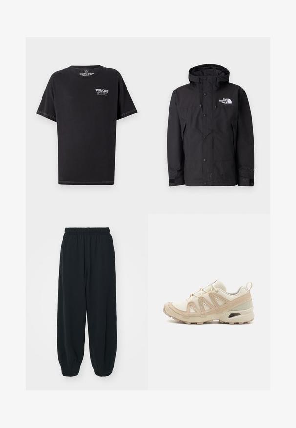 Melnas ūdensnecaurlaidīgas jakas ar kapuci, ar rāvējslēdzēja aizdari, pogām un zīmola logo uz krūškurvja. Tam ir regulējami piedurknes un gluda tekstūra.; Melna kokvilnas T-kreklu ar apaļu kakla izgriezumu, īsām piedurknēm un balto kontrasta šuvēm. Priekšpusē ir uzraksts "VOLCOM STORE" gaišā tekstā.; Melnas sporta bikses ar elastīgu jostasvietu, brīvu piegriezumu, aprocēm ap potītēm, gludu tekstūru, un bez redzamām rakstu vai aparatūras akcentiem.; Beige un krēma sporta apavi ar strukturētu tīkla virsmu, atbalstošajiem slāņiem un gumijas zoli ar protektoru rakstu, kas nodrošina saķeri.