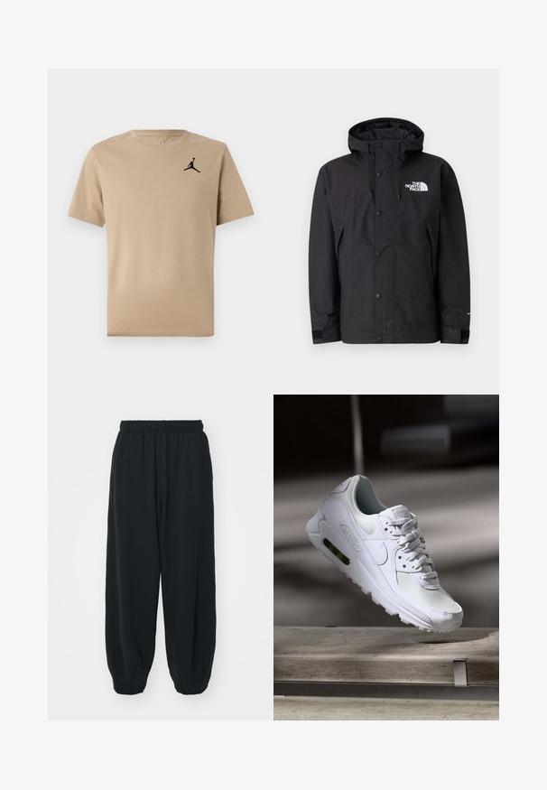 Črna nepremočljiva jakna s kapuco, z zadrgo, gumbi in blagovno znamko na prsih. Ima nastavljive manšete in gladko teksturo.; Bežna bombažna majica s kratkimi rokavi, ki ima črni Jumpman logo na levem prsnem delu. Preprost okrogli ovratnik in ravno rob.; Črne, elastične hlače za prosti čas z ohlapnim krojem, manšetami na gležnjih, gladko teksturo in brez vidnih vzorcev ali dodatkov.; Bela Nike Air Max 90 športna obutev z mrežastim in usnjenim zgornjim delom, perforiranim prstnim delom in vidno zračno enoto v peti.