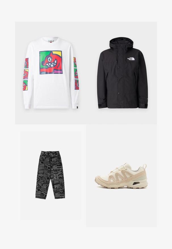 Black waterproof jacket with a hood, featuring a zip closure, buttons, and branded logo on the chest. Has adjustable cuffs and a smooth texture.; Long-sleeve white T-shirt featuring colorful graphic prints of a red creature with sharp teeth on front and sleeves, made of cotton.; Black pants featuring a graphic print with various texts and images. Made from lightweight fabric, they have a relaxed fit and straight legs.; Beige and cream athletic shoe with textured mesh upper, supportive overlays, and rubber outsole featuring a tread pattern for traction.