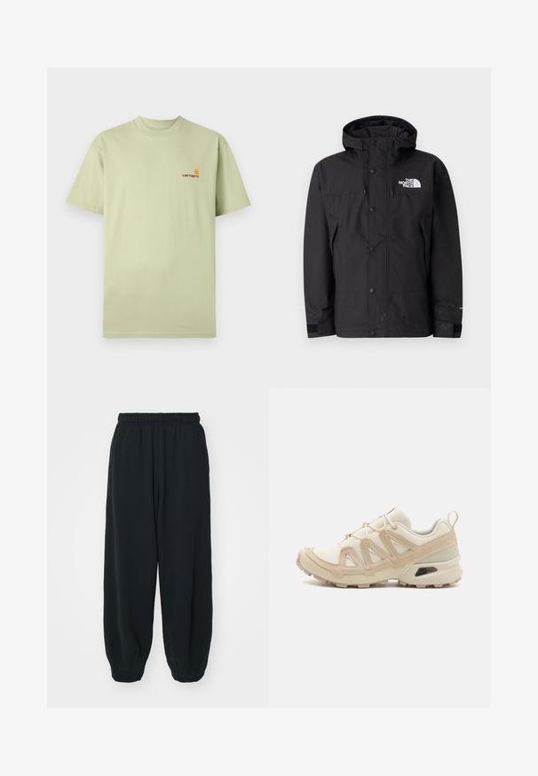 Black waterproof jacket with a hood, featuring a zip closure, buttons, and branded logo on the chest. Has adjustable cuffs and a smooth texture.; Light green cotton t-shirt with short sleeves and a crew neckline. Features a small orange and red logo on the upper left chest area.; Black, elasticated-waist sweatpants with a loose fit, cuffed ankles, smooth texture, and no visible patterns or hardware accents.; Beige and cream athletic shoe with textured mesh upper, supportive overlays, and rubber outsole featuring a tread pattern for traction.