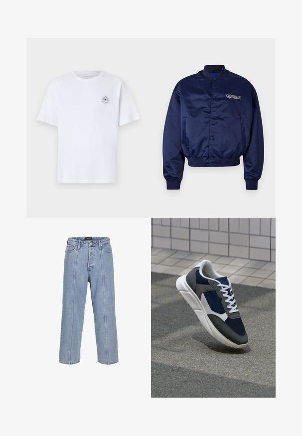 Tumesinise satiinist bomber-jakk, millel on nupuga esikülg, soonikust mansetid ja allääre. Rinnas on tikkimisega "ORIGINALS" heledas beežis.; Valge puuvillane T-särk lühikeste varrukatega, mille vasakus rinnaosas on väike trükitud kolmnurk ja silma kujundus kiirgavate joontega.; Heledad sinine teksapüksid, millel on lai lõige, laiad sääred ja nähtavad õmbluse detailid. Omab nööbiga ja lukuga kinni tõmmatavat piirdu, viis taskut.; Sneaker, mille sinine võrkkangas, hallid nubukdetailid, valge kummitald ja lamedad valged paelad, disainitud mugavuseks ja hingavuseks.