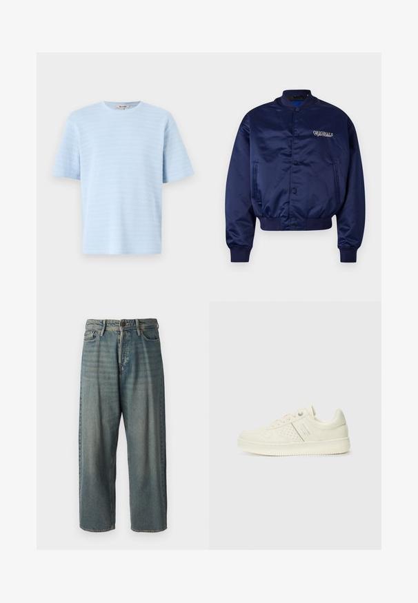 Marineblå satin bomberjakke med trykknappfront, ribbestrikkede mansjetter og nederkant. Har "ORIGINALS" brodert i lysebeige på brystet.; Lys blå T-skjorte med korte ermer laget av teksturert strikket stoff med horisontale stripedetaljer. Rund hals og avslappet passform.; Lyseblå denimjeans med løs passform, midjehøyde og rette ben. Har fem lommer, beltehemper og knappelukking.; Kremfargede sneakers med perforerte detaljer, snøring og logo på siden, vist mot en enkel hvit bakgrunn.