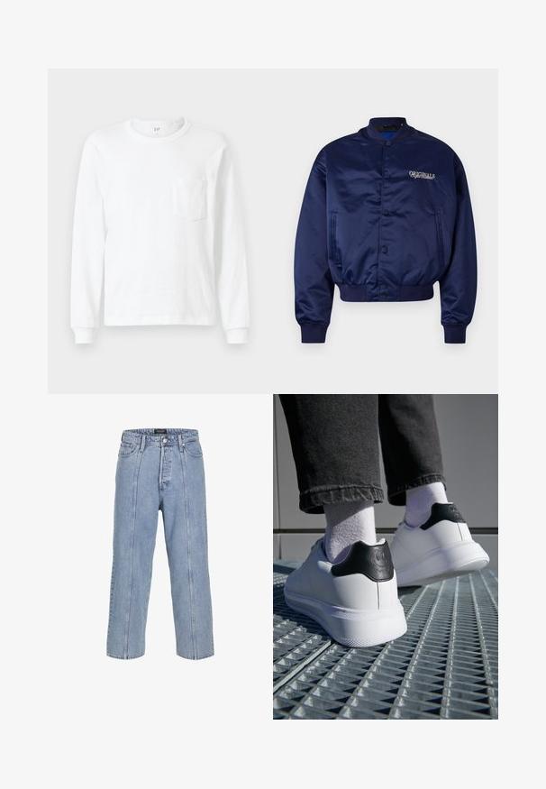 Laivastonsininen satiininen pommikaukopuku, jossa on napsautusnappikiinnitys, resorit hihoissa ja helmassa. Rinnassa on vaaleanbeige brodeerattu "ORIGINALS".; Valkoinen pitkähihaista T-paitaa, joka on valmistettu puuvillasta. Siinä on pyöreä pääntie ja pieni rintatasku. Pehmeä pinta, jossa on ribsatut hihansuut.; Vaaleansiniset farkut, joissa on löysä istuvuus, leveät lahkeet ja näkyvät ompelu részletek. Sisältää napin ja vetoketjun sulkemisen, viisi taskua.; Valkoiset lenkkarit, joissa on musta kantatuki, jossa on hymyilevät kasvot -kuvio, sileää nahkaa, tasainen kumipohja ja teksturointiyksityiskohtia.