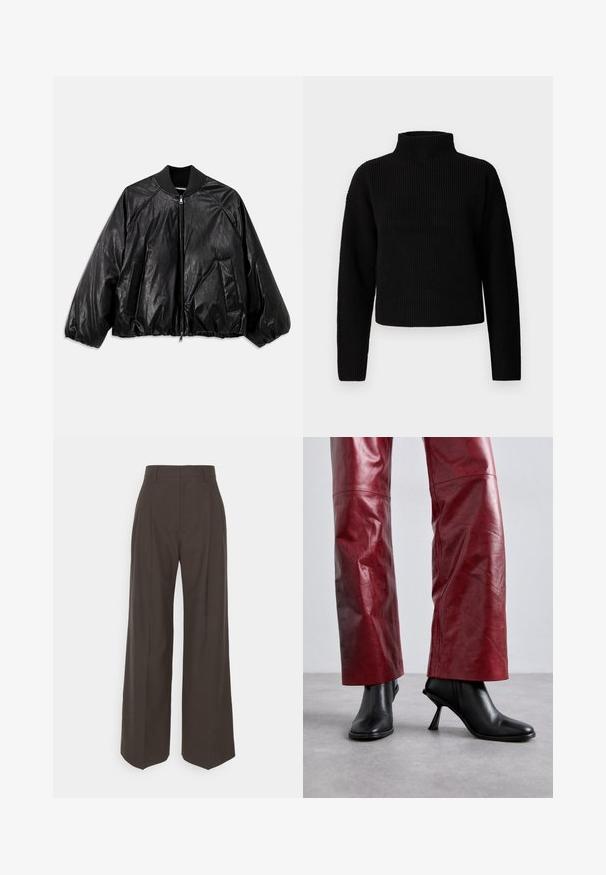 Fekete bőr bomber dzseki bordázott gallérral, elasztikus mandzsettákkal, elülső zsebekkel és cipzáras záródással. Enyhén fényes texúrával rendelkezik.; Fekete bordás garbó pulóver hosszú ujjakkal és rövidített fazonnal. A textúra sűrűnek és kötöttnek tűnik, látható minták vagy díszítések nélkül.; Sötétbarna, bő szárú nadrág magas derékkal, tisztán vasalt redőkkel, sima textúrával és testhez simuló fazonnal.; Fekete sarkú bokacsizmák hegyes orral és szögletes formával, magas derekú, diszkrét mintázatú vörös bőr nadrággal párosítva.