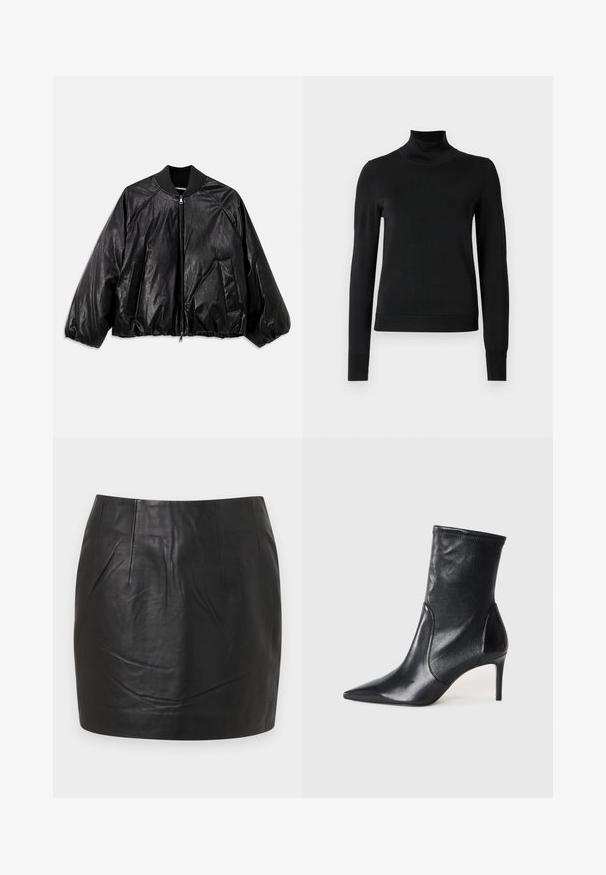 Crna kožna bomber jakna s rebrastim ovratnikom, elastičnim manžetama, prednjim džepovima i patentnim zatvaračem. Ima blago sjajnu površinu.; Crna dugosruga majica s rolijom i rebrastim manžetama i donjim rubom, prikazana na jednostavnoj bijeloj pozadini.; Crna kožna mini suknja s glatkom teksturom, vidljivim šavovima i ravnim krojem. Bez džepova ili ukrasa.; Crne gležnjače od glatke kože, s uskim vrhom, prilagođenom cijevi i tankim visokim potpeticama. Minimalistički dizajn bez vidljivih metalnih dijelova.