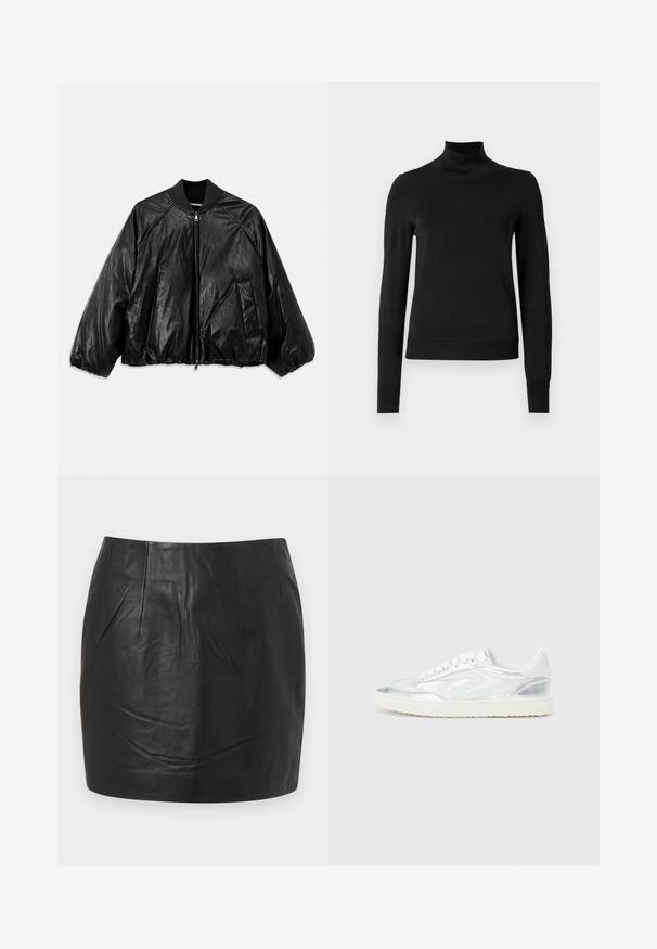 Jaqueta bomber de couro preto com colarinho canelado, punhos elásticos, bolsos frontais e fecho de correr. Apresenta uma textura ligeiramente brilhante.; Sweater preto de manga longa com gola alta, com punhos e bainha canelados, exposto em um fundo branco liso.; Saia mini em couro preto com textura suave, detalhes de costura visíveis e um design de corte reto. Sem bolsos ou enfeites.; Tênis brancos com detalhes metálicos prateados, textura suave, bico arredondado, sola plana e design tradicional com atacadores.