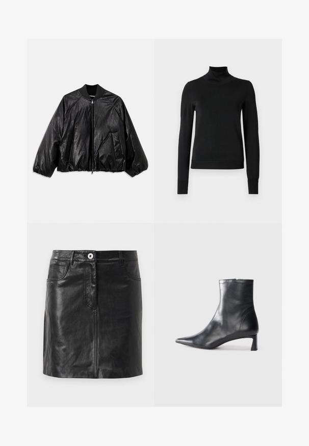 Zwarte leren bomberjack met een geribde kraag, elastische manchetten, voorzakken en een ritssluiting. Beschikt over een licht glanzende textuur.; Zwarte trui met lange mouwen en col, voorzien van geribde manchetten en zoom, weergegeven op een effen witte achtergrond.; Weekend Max Mara HULL - Kokerrok - nero; Zwarte leren enkellaars met een spitse neus en een slank ontwerp. Heeft een lage hak en een ritssluiting aan de achterkant. Gladde textuur.