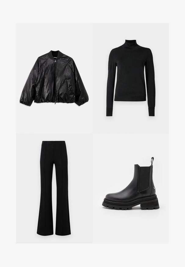 Fekete bőr bomber dzseki bordázott gallérral, elasztikus mandzsettákkal, elülső zsebekkel és cipzáras záródással. Enyhén fényes texúrával rendelkezik.; Fekete, hosszú ujjú garbós pulóver bordás mandzsettákkal és aljjal, sima fehér háttér előtt bemutatva.; Fekete, flared nadrág magas derékkal, rugalmas anyagból készült. Elölnézetén függőleges varrásokkal rendelkezik, sima textúrával.; Fekete bőr Chelsea csizma, elasztikus oldalsó panelekkel, kerek orral, vaskos gumitalppal és húzófüllel a sarkán. Texturált és sima felületek.