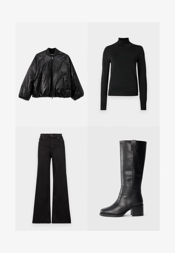 Fekete bőr bomber dzseki bordázott gallérral, elasztikus mandzsettákkal, elülső zsebekkel és cipzáras záródással. Enyhén fényes texúrával rendelkezik.; Fekete, hosszú ujjú garbós pulóver bordás mandzsettákkal és aljjal, sima fehér háttér előtt bemutatva.; Fekete, bővülő fazonú farmernadrág magas derekú, elülső zsebekkel és fém díszítéssel a gombon és a szegecseken.; Fekete bőr, térd fölé érő csizmák sima textúrával, négyzetes orral, tömbsarkúval és oldalsó húzófüllel, minimális varrási részletekkel.