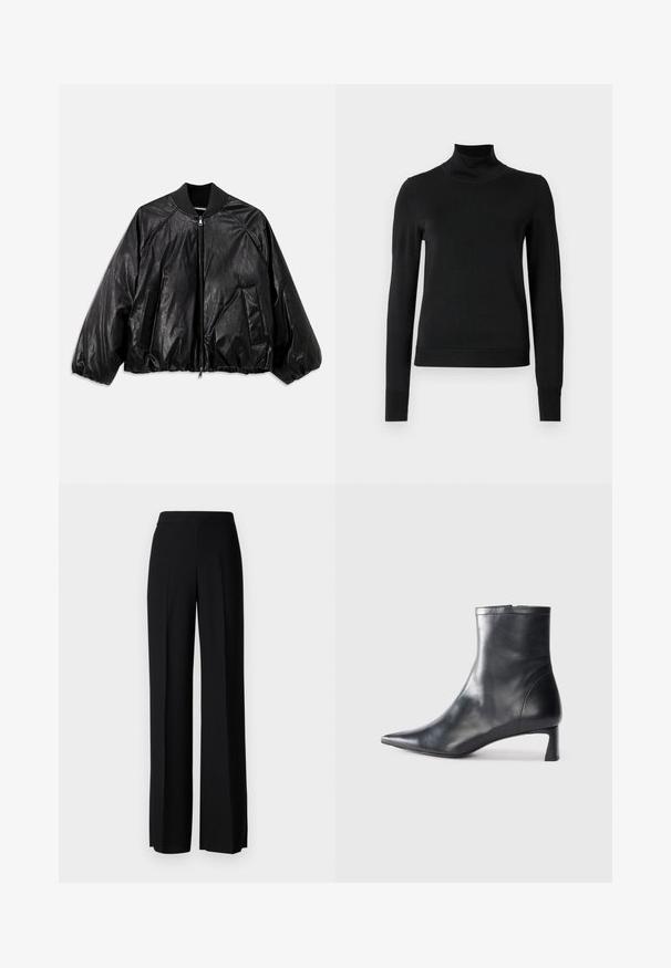 Geacă bomber din piele neagră, cu guler ribbed, manșete elastice, buzunare frontale și închidere cu fermoar. Prezintă o textură ușor lucioasă.; Pulover negru cu mânecă lungă și guler tip colier, cu manșete și tiv cu elastic, expus pe un fundal alb simplu.; Pantaloni negri cu picioare largi, cu o textură netedă, având o talie înaltă și pliseuri centrale. Fără modele vizibile sau detalii de hardware.; Cizmă de gleznă din piele neagră cu vârf ascuțit și un design elegant. Dispune de un toc mic și de o închidere cu fermoar la spate. Textură netedă.