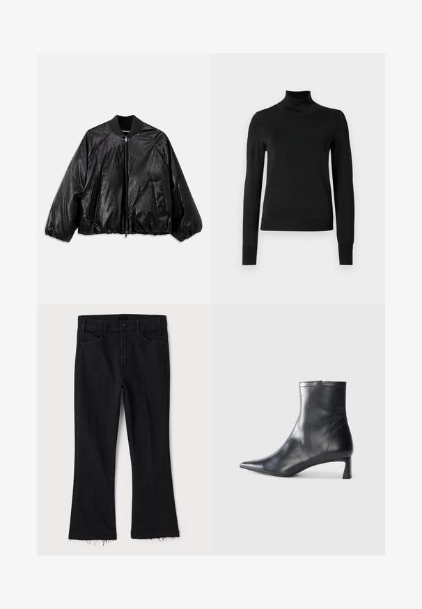Crna kožna bomber jakna s rebrastim ovratnikom, elastičnim manžetama, prednjim džepovima i patentnim zatvaračem. Ima blago sjajnu površinu.; Crna dugosruga majica s rolijom i rebrastim manžetama i donjim rubom, prikazana na jednostavnoj bijeloj pozadini.; Mother LIL HUSTLER FRAY - Traperice krojene za nošenje s čizmama - black denim; Crne kožne gležnjače s uskim vrhom i elegantnim dizajnom. Imaju niski potpetak i zatvaranje na patentni zatvarač straga. Glatka tekstura.