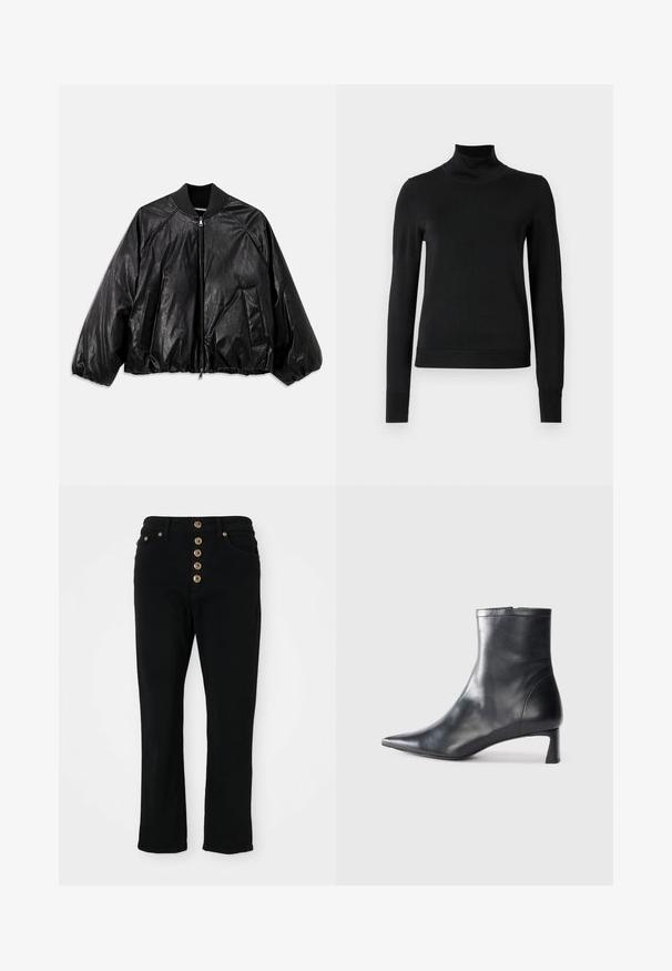 Melnā ādas bumbierjaka ar ribotu apkakli, elastīgām kabatām, priekšējām kabatām un rāvējslēdzēju. Iezīmējas ar nedaudz spīdīgu tekstūru.; Melnas garām piedurknēm turtlenecks džemperis ar ribotām aprocēm un apakšmali, attēlots uz vienkārša balta fona.; Melnas denima bikses ar pieguļošu formu, ar augstu jostasvietu un piecu pogu aizdari. Iekļauj divas priekšējās kabatas un zelta tonī izstrādātas detaļas.; Melnas ādas potītes zābaki ar norādītu pirkstu un elegantu dizainu. Iezīmē zemu papēdi un rāvējslēdzēja aizdari aizmugurē. Gluda tekstūra.