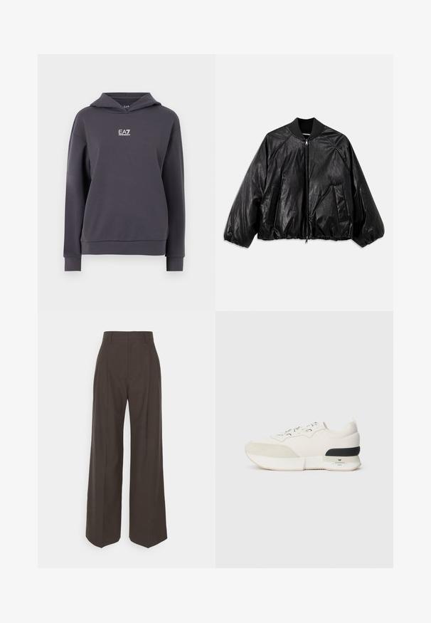 Svart läderbomberjacka med ribbad krage, elastiska ärmslut, framfickor och dragkedjestängning. Har en något glänsande yta.; Mörkgrå hoodie i mjukt tyg, med dragskohette, långa ärmar och en liten vit logotyp på bröstet.; Mörkbruna vidbyxor med hög midja, som har fint pressade veck, en slät textur och en skräddarsydd passform.; Vit sneakers med en texturerad mocka tåbox, slät meshovandel, dekorativa snören och en svart gummihälaccents.