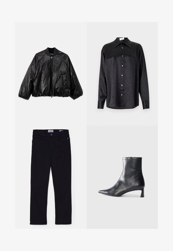 Veste bomber en cuir noir avec un col côtelé, des poignets élastiques, des poches avant et une fermeture éclair. Présente une texture légèrement brillante.; Chemise noire à manches longues avec un col, présentant une texture froissée, une fermeture à boutons sur le devant et des poignets. Fabriquée en tissu lisse.; Jean en denim noir à coupe slim, avec une fermeture à bouton sur le devant, des passants de ceinture et des poches avant. Matériau doux avec une texture lisse.; Bottine en cuir noir avec un bout pointu et un design épuré. Présente un petit talon et une fermeture éclair à l'arrière. Texture lisse.