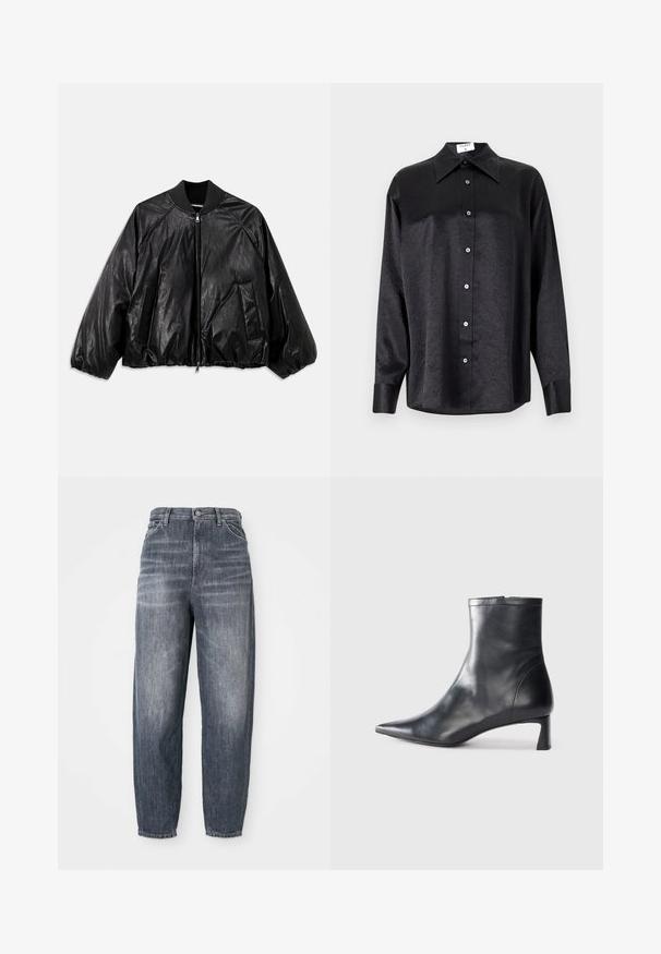 Black leather bomber jacket with a ribbed collar, elastic cuffs, front pockets, and a zipper closure. Features a slightly shiny texture.; Black long-sleeve shirt with a collared neckline, featuring a crinkled texture, full button front, and cuffs. Made from a smooth fabric.; Dark blue jeans made of denim, featuring a loose fit, straight leg design, and subtle fading. Standard five-pocket style with a button closure.; Black leather ankle boot with a pointed toe and a sleek design. Features a low heel and a zipper closure at the back. Smooth texture.
