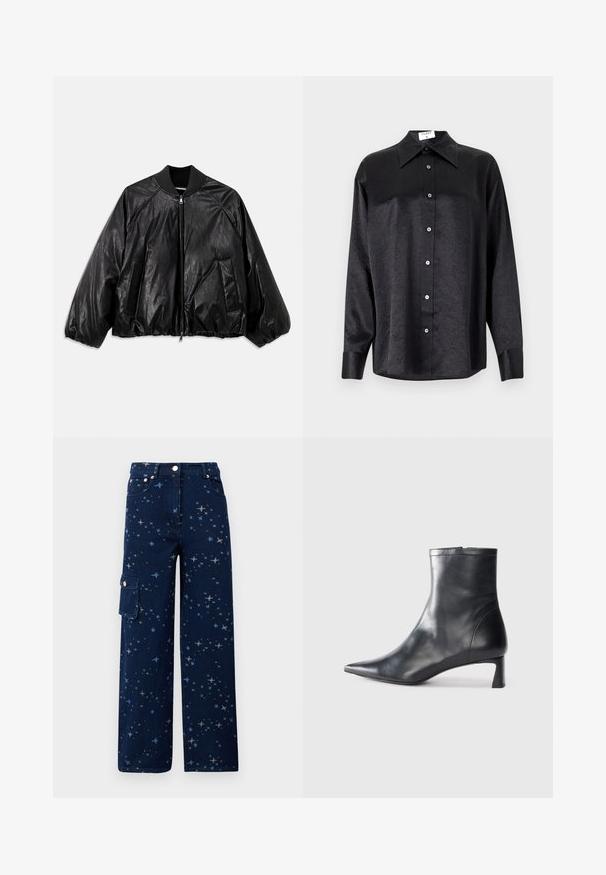 Black leather bomber jacket with a ribbed collar, elastic cuffs, front pockets, and a zipper closure. Features a slightly shiny texture.; Black long-sleeve shirt with a collared neckline, featuring a crinkled texture, full button front, and cuffs. Made from a smooth fabric.; Dark blue denim cargo pants featuring a star pattern, wide leg shape, front pockets, and a side pocket with a button closure.; Black leather ankle boot with a pointed toe and a sleek design. Features a low heel and a zipper closure at the back. Smooth texture.