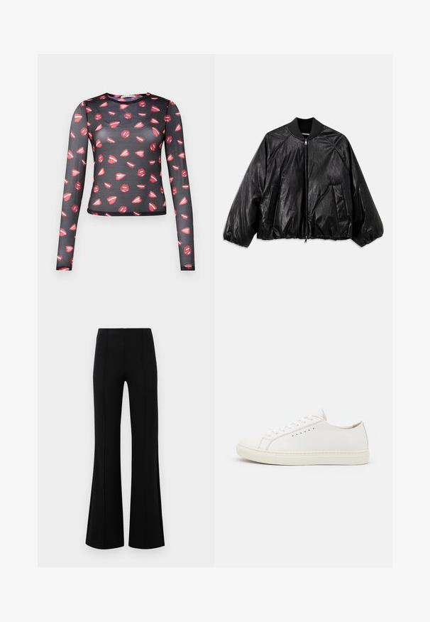 Giubbotto bomber in pelle nera con colletto a coste, polsini elastici, tasche frontali e chiusura con cerniera. Presenta una texture leggermente lucida.; Top nero trasparente a maniche lunghe con motivo di labbra rosse ripetute e dettagli bianchi, design aderente e scollatura rotonda.; Pantaloni neri a zampa d'elefante con vita alta, realizzati in tessuto elastico. Presentano dettagli di cucitura verticale nella parte anteriore e una texture liscia.; Sneakers bianchi in pelle con una texture liscia, punta rotonda, occhielli minimi e suola piatta in gomma. Design semplice senza accenti aggiuntivi.