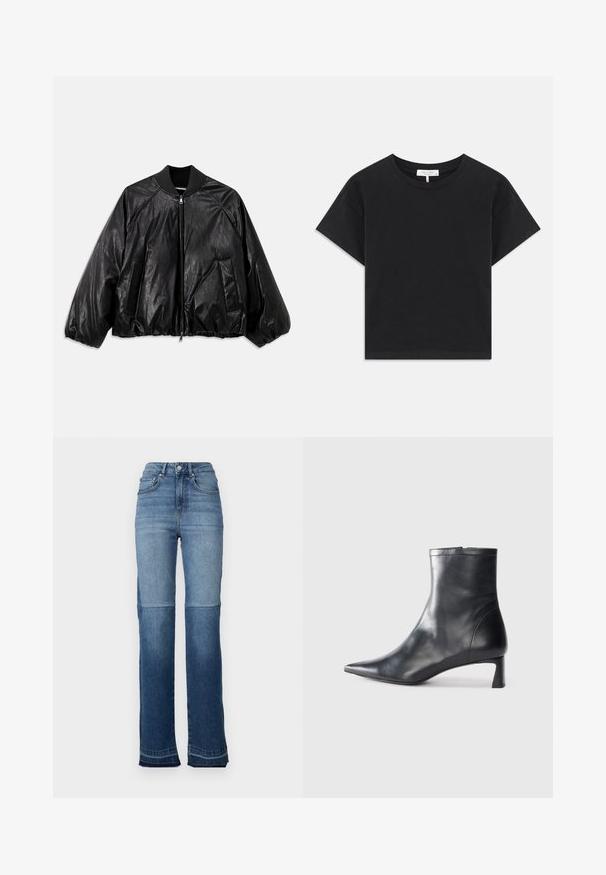 Black leather bomber jacket with a ribbed collar, elastic cuffs, front pockets, and a zipper closure. Features a slightly shiny texture.; Black cropped t-shirt made of cotton, featuring a round neckline, short sleeves, and a simple design with no patterns or embellishments.; High-rise denim jeans featuring a gradient of light to dark blue, a straight leg design, and frayed hems at the cuffs.; Black leather ankle boot with a pointed toe and a sleek design. Features a low heel and a zipper closure at the back. Smooth texture.