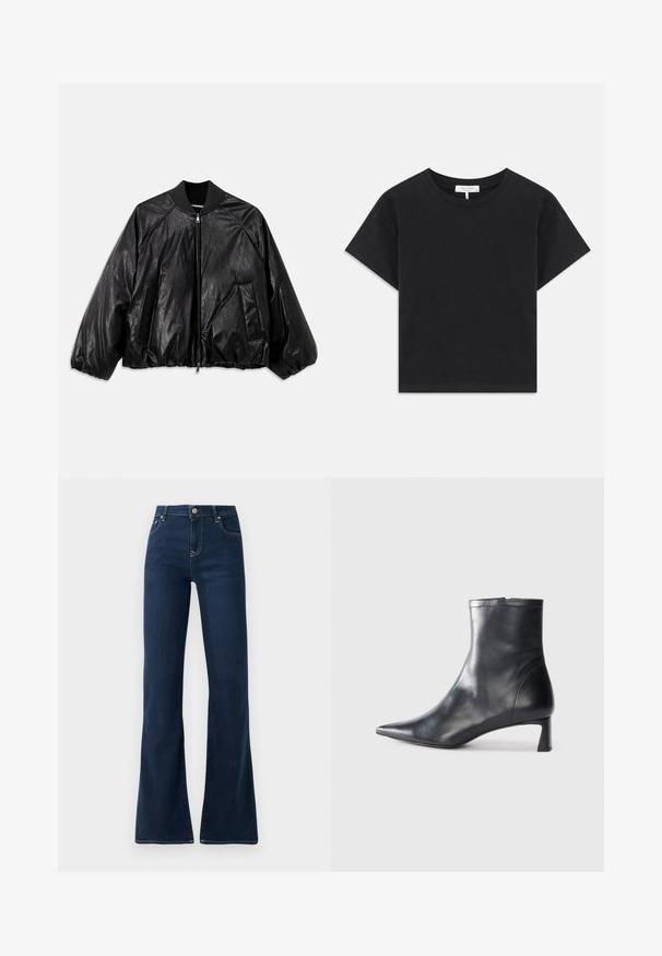 Jaqueta bomber de couro preto com colarinho canelado, punhos elásticos, bolsos frontais e fecho de correr. Apresenta uma textura ligeiramente brilhante.; T-shirt cropped preta feita de algodão, com decote redondo, mangas curtas e um design simples sem padrões ou adornos.; Calças de ganga escuras, de perna larga, com uma cintura alta, feitas de tecido de denim. Apresentam dois bolsos frontais e costuras em contraste ao longo das costuras.; Bota de tornozelo em pele preta com biqueira apontada e um design elegante. Apresenta um salto baixo e um fecho com zipper na parte de trás. Textura suave.