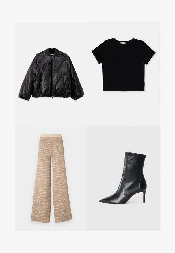 Svart läderbomberjacka med ribbad krage, elastiska ärmslut, framfickor och dragkedjestängning. Har en något glänsande yta.; Svart kort t-shirt i mjuk bomull, har korta ärmar, rund halsringning och en ren fåll utan dekorationer.; Beiga byxor med vida ben som har ett upprepande mönster av handskriven text i en ljusare nyans. Mjukt, texturerat material med en ribbad midja.; Svarta ankelskor i slät läder, med spetsig tå, åtsittande skaft och en smal hög klack. Minimalistisk design utan synlig hårdvara.