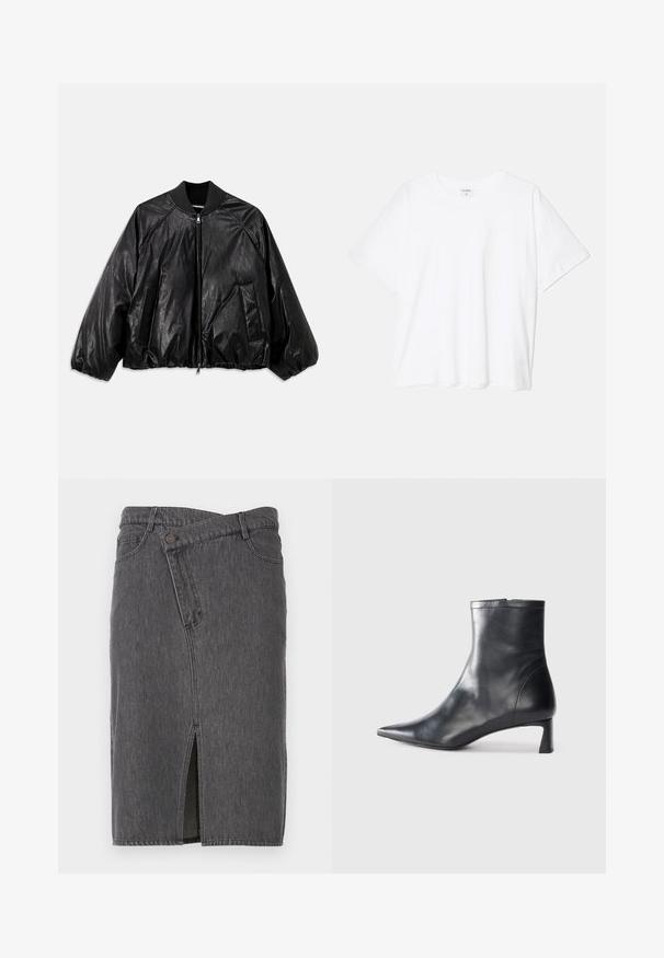 Melnā ādas bumbierjaka ar ribotu apkakli, elastīgām kabatām, priekšējām kabatām un rāvējslēdzēju. Iezīmējas ar nedaudz spīdīgu tekstūru.; Balta kokvilnas T-krekls ar īsām piedurknēm, apaļu dekoltē, brīva piegriezuma un šūtu apakšmalu. Etiķete redzama iekšējā kakla daļā.; Pelēks denim svārki ar priekšējo šķirbu, piecu kabatu dizainu un podziņu aizdari. Audumam ir teksturēta virsma un ikdienišķs izskats.; Melnas ādas potītes zābaki ar norādītu pirkstu un elegantu dizainu. Iezīmē zemu papēdi un rāvējslēdzēja aizdari aizmugurē. Gluda tekstūra.