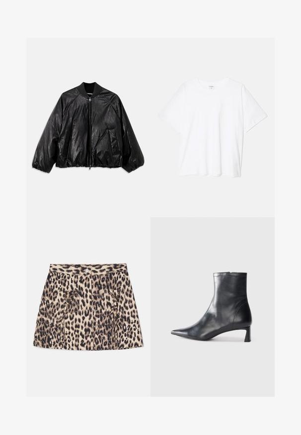 Must musta bomber-jakk mustriga kraega, elastsete mansettide, ees olevate taskute ja tõmblukuga. Omab kergelt läikivat tekstuuri.; Valge puuvillane T-särk lühikeste varrukatega, ümmargune kaelus, mugav lõige ja õmmeldud serv. Silt nähtav kaela seest.; Leopardimustriga teksaseelik, millel on kõrge vöökohaga, ees nööbiga kinnitamine ja kaks küljetaskut stringide detailidega.; Mustad mustall nahkasaabas terava nina ja stiilse disainiga. Omab madalat konts ja luku sulgemist taga. Sile tekstuur.