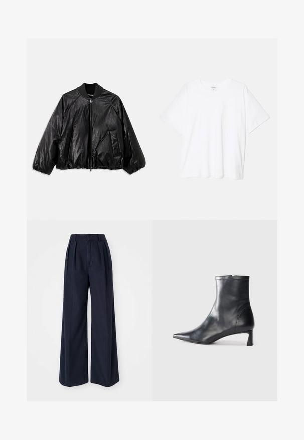 Black leather bomber jacket with a ribbed collar, elastic cuffs, front pockets, and a zipper closure. Features a slightly shiny texture.; White cotton t-shirt with short sleeves, round neckline, relaxed fit, and stitched hem. Label visible on the inside neck.; Dark navy wide-leg trousers made of cotton, featuring pleats at the front, a high waist, and a zipper fly with a button closure.; Black leather ankle boot with a pointed toe and a sleek design. Features a low heel and a zipper closure at the back. Smooth texture.