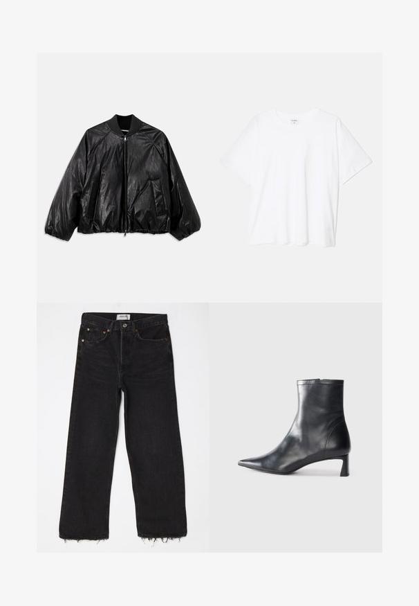 Čierna kožená bomber bunda s rebrovaným golierom, elastickými manžetami, prednými vreckami a zipsovým zapínaním. Má mierne lesklú textúru.; Biely bavlnený tričko s krátkymi rukávmi, okrúhlym výstrihom, voľným strihom a prešitým lemom. Štítok viditeľný na vnútornom krku.; Čierne vysoké široké nohavice s rozstrapkaným lemom, piatimi vreckami a kovovým zapínaním. Vyrobené z denimu s jemnou textúrou.; Čierne kožené členkové topánky s špicatou špičkou a elegantným dizajnom. Majú nízky podpätok a zips na zadnej strane. Hladká textúra.