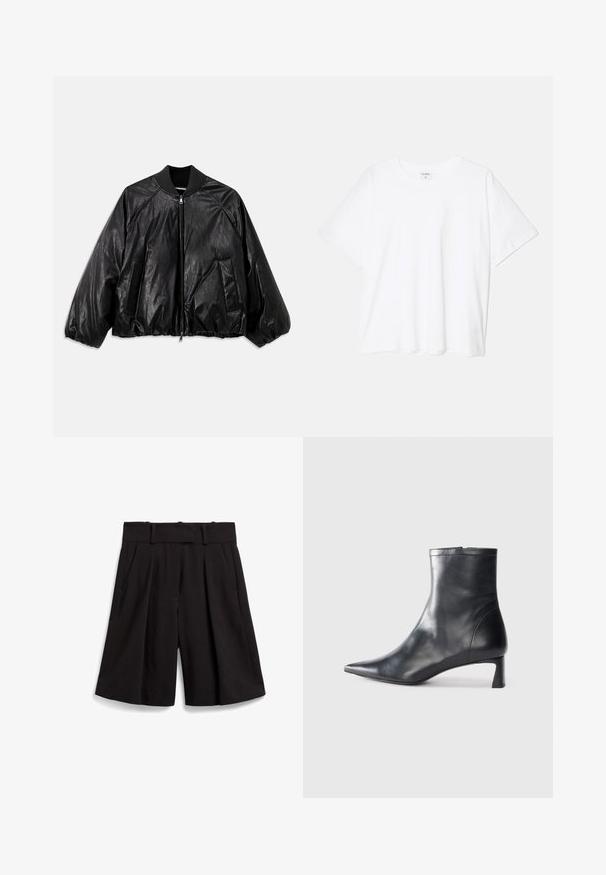 Black leather bomber jacket with a ribbed collar, elastic cuffs, front pockets, and a zipper closure. Features a slightly shiny texture.; White cotton t-shirt with short sleeves, round neckline, relaxed fit, and stitched hem. Label visible on the inside neck.; Black tailored shorts featuring a wide leg, pleats at the front, and a flat waistband with belt loops. Smooth fabric texture.; Black leather ankle boot with a pointed toe and a sleek design. Features a low heel and a zipper closure at the back. Smooth texture.