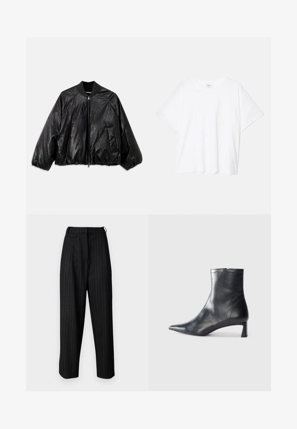 Juodas odinis bomber tipo švarkas su raštuotu apykakle, elastinėmis rankovėmis, priekinėmis kišenėmis ir užtrauktuku. Yra šiek tiek blizgus paviršius.; Balta medvilnės marškinėliai trumpomis rankovėmis, apvalia iškirpte, laisvo kirpimo ir su siūtu kraštu. Etiketė matoma vidinėje iškirptės pusėje.; Juodos aukšto liemens kelnės su baltomis juostelėmis, turinčios raukšles, mygtuko uždarymą ir laisvą kirpimą. Pagamintos iš lygaus medžiagos.; Juodas odinis kulkšninis batas su smailiu pirštu ir elegantišku dizainu. Turi žemą kulną ir užtrauktuką gale. Lygi tekstūra.