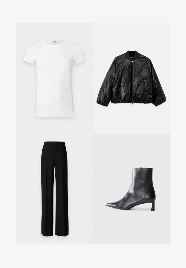 Must musta bomber-jakk mustriga kraega, elastsete mansettide, ees olevate taskute ja tõmblukuga. Omab kergelt läikivat tekstuuri.; Valge ribaga lühikeste varrukatega T-särk ümmarguse kaelusega. Kude tundub siledana ja see on keha lähedal istuv. Brändi silt on nähtav krae juures.; Mustad laiad püksid mustas värvitoonis, sujuva tekstuuri ja kõrge vöökoha ning keskmiste voldikutega. Ilma nähtavate mustrite või tarvikute detailideta.; Mustad mustall nahkasaabas terava nina ja stiilse disainiga. Omab madalat konts ja luku sulgemist taga. Sile tekstuur.