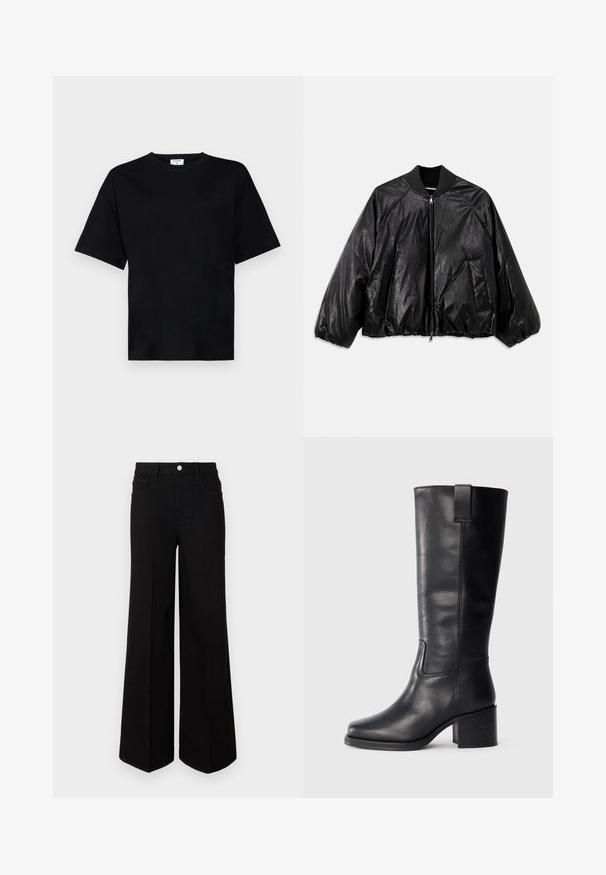 Chaqueta bomber de cuero negra con cuello acanalado, puños elásticos, bolsillos frontales y cierre de cremallera. Presenta una textura ligeramente brillante.; Camiseta negra de manga corta en corte relajado, hecha de tela suave, con un cuello redondo y sin patrones o acentos prominentes.; Pantalones de mezclilla negros de pierna ancha, hechos de una tela resistente, con una cintura alta, bolsillos frontales y un cierre de botón en la parte delantera. Dobladillo recto en la parte inferior.; Botas de cuero negro hasta la rodilla con una textura suave, punta cuadrada, tacón cuadrado y tirador lateral, con detalles de costura mínimos.