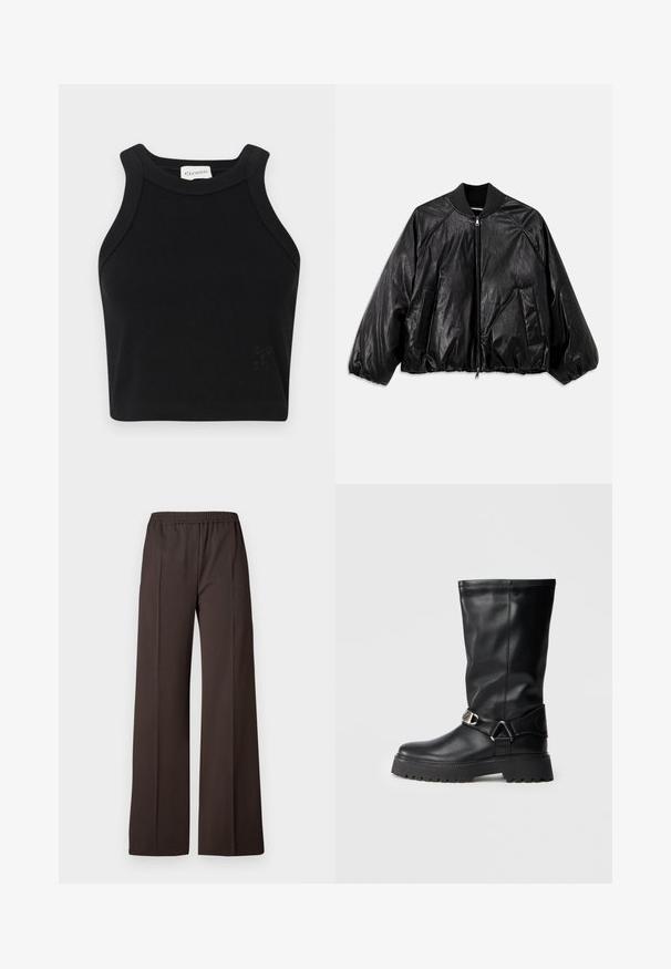 Fekete bőr bomber dzseki bordázott gallérral, elasztikus mandzsettákkal, elülső zsebekkel és cipzáras záródással. Enyhén fényes texúrával rendelkezik.; Fekete bordázott crop top, testhez simuló kialakítással, széles vállpántokkal és diszkrét logó részlettel. Rugalmas anyagból készült a kényelem érdekében.; Sötétbarna anyagból készült, bő szárú nadrág, rugalmas derékkal, sima textúrával és letisztult vonalakkal a sikkes megjelenés érdekében.; Fekete, térd fölé érő csizmák sima bőrből, oldalt csattós díszítéssel és vastag, texturált talppal a jobb tapadás érdekében.