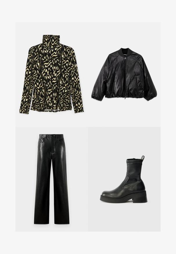 Black leather bomber jacket with a ribbed collar, elastic cuffs, front pockets, and a zipper closure. Features a slightly shiny texture.; Black and cream patterned long-sleeve top with a high collar, made from a smooth, stretchy fabric featuring a wavy, abstract design.; Black leather wide-leg pants with a smooth finish, featuring a button and zipper fly, front pockets, and contrast stitching details.; Black leather ankle boots with a rounded toe, side zip closure, low block heel, and clean stitching. Textured surface with a smooth finish.