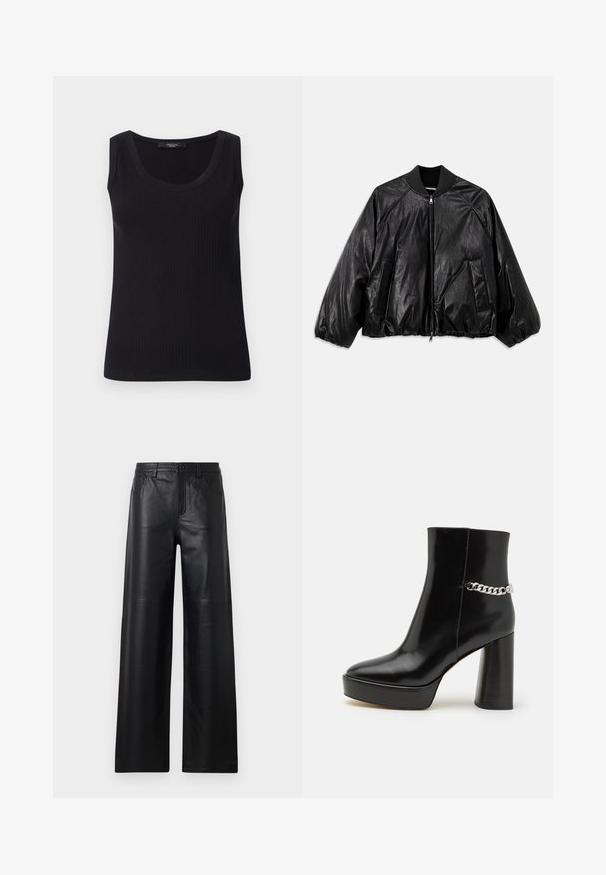 Schwarze Lederbomberjacke mit geripptem Kragen, elastischen Bündchen, Fronttaschen und Reißverschluss. Besitzt eine leicht glänzende Textur.; Schwarzes geripptes Tanktop mit runder Ausschnitt, ärmellosem Design und taillierter Form. Glatte Textur und leicht elastisch.; Weite schwarze Lederhosen mit glatter Textur, ausgestattet mit Fronttaschen, einem Knopfverschluss und dezenten Steppnähten.; Schwarze Lackleder-Ankle-Boots mit plattenförmigem Absatz und hohem Blockabsatz. Verfügt über einen silbernen Kettenakzent an der Seite. Glatte Textur.