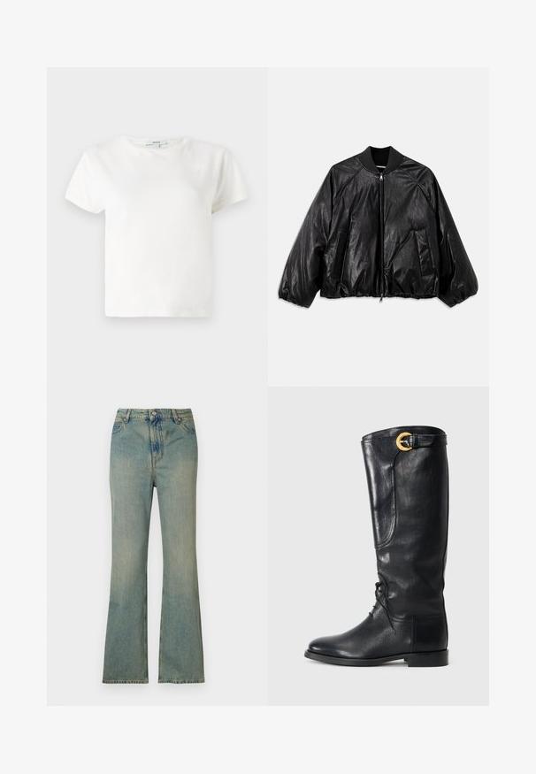 Crna kožna bomber jakna s rebrastim ovratnikom, elastičnim manžetama, prednjim džepovima i patentnim zatvaračem. Ima blago sjajnu površinu.; Bijela pamučna majica kratkih rukava, okruglog izreza i ležernog kroja. Oznaka vidljiva na ovratniku, glatka tekstura. Jednostavan dizajn, bez uzoraka.; Svijetloplave traperflare traperice s visokim strukom, pet džepova i zatvaračem. Čista, izblijedjela završna obrada s suptilnim detaljima šivanja.; Crne kožne čizme do koljena s zaobljenim vrhom, vezanjem sprijeda, bočnim detaljem i zlatnom kopčom na vrhu. Glatka tekstura.