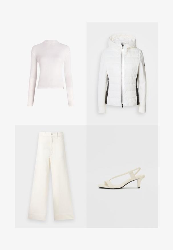 Valgendatud vahtpolsterdatud jakk kapuutsiga ja mustade külgpaneelidega, millel on ees tõmblukk ja tekstuuriga kangast aktsendid külgedel.; Valge pikakäiseid pluus pehmest materjalist, ümarate kaelustega, liibuv vorm ja minimalistlik disain ilma mustrite ja kaunistusteta.; Laiad püksid heleses puuvillas. Omavad kõrget vööd, ees on taskud ja sirge lõige. Puhtad ääred ilma mustriteta.; Beez blok-kandadesed õhukeste rihmadega ja ruudukujulise varbaga. Sile materjal minimaalsete detailidega, kujundatud mugavaks kandmiseks.