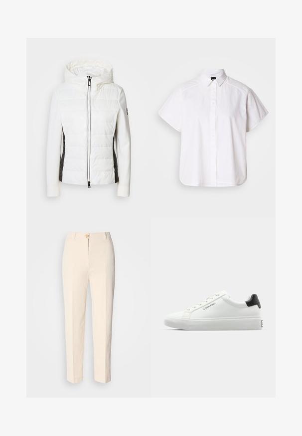Pūkuota balta striukė su gobtuvu ir juodomis šoninėmis panelėmis, kuriame yra priekis užtrauktukas ir tekstūruoti audinio akcentai šonuose.; Balta trumpomis rankovėmis marškinėlių su atlenkiamu apykakle ir kreiva apačia. Pagaminta iš medvilnės, su sklandžiu paviršiumi ir be matomų raštų.; Kreminės spalvos, aukštu liemeniu kelnės, pagamintos iš tekstūruoto audinio. Turi priekinį mygtuko užsegimą ir siaurėjantį kirpimą.; Baldos suknelės sportbačiai su lygiu paviršiumi, juodu kulno akcentu ir raištelių dizainu. Šone matoma "Calvin Klein" prekės ženklo ženklas. Minimalistinio stiliaus.