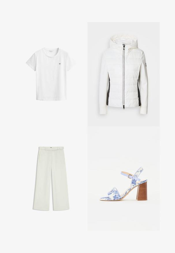 Giacca bianca imbottita con cappuccio e pannelli laterali neri, caratterizzata da una zip frontale e dettagli in tessuto testurizzato sui lati.; T-shirt bianca in cotone con scollo rotondo e maniche corte. Presenta un piccolo logo ricamato sul petto a sinistra. Tessuto dalla texture liscia.; Pantaloni a gamba larga in tessuto crema chiaro, dotati di tasche laterali, frontale liscio e chiusura a un bottone in vita. Texture morbida.; Sandal con stampa floreale blu, con punta quadrata, una larga fascia e una cinghia alla caviglia regolabile, dotata di un tacco a blocco in legno texturizzato.