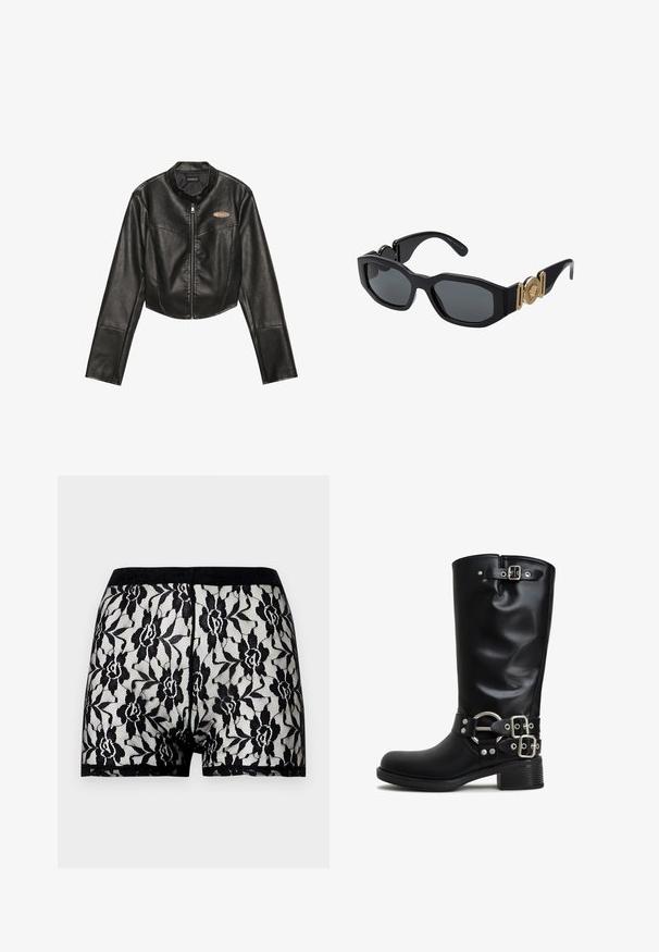 Giacca in pelle nera cropped con zip frontale, colletto rotondo e due tasche sul petto. Presenta un materiale testurizzato e un sottile accento del logo.; Top lungo in pizzo nero con maniche lunghe e un davanti corto, caratterizzato da un motivo floreale testurizzato e un orlo asimmetrico.; Pantaloni shorts in pizzo nero con un motivo floreale e una vita nera a contrasto. Design trasparente con texture morbida, lunghezza a metà coscia.; Stivali neri al ginocchio realizzati in materiale sintetico liscio. Presentano fibbie in tonalità argento e un anello decorativo. Tacco quadrato spazzolato.; Occhiali da sole neri con una montatura geometrica spessa, lenti scure e accenti in metallo dorato sulle aste che presentano un dettaglio ad emblema rotondo.