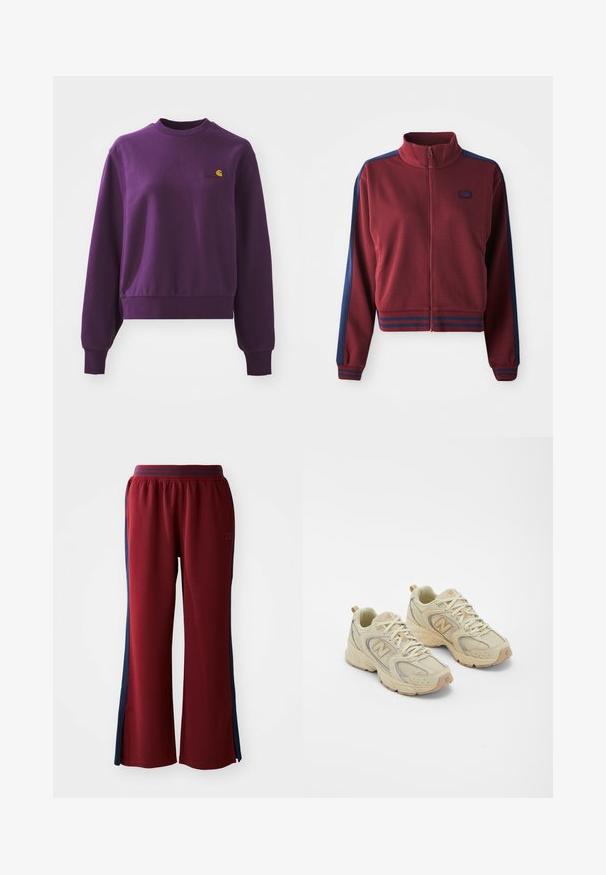 Giacca zip-up bordeaux con colletto alto, pannelli laterali blu navy e dettagli a righe sui polsini e sull'orlo. Tessuto morbido e testurizzato.; Felpa viola in cotone, con colletto tondo e polsini a coste. Presenta un piccolo logo giallo sul petto. Design accorciato.; Pantaloni tuta rossi con vestibilità ampia, caratterizzati da strisce laterali blu navy e un design a gamba larga. Vita elastica per il massimo comfort.; Scarpe sportive beige con tomaia in rete, dettagli testurizzati e suola in gomma. Presentano un logo prominente sul lato e chiusura con lacci.