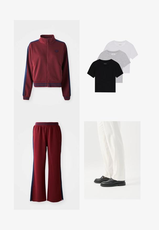 Jaqueta de fecho éclair bordô com colarinho alto, painéis laterais azul-marinho e detalhes listrados nas mangas e na cintura. Tecido suave e texturizado.; Conjunto de três t-shirts de manga curta nas cores preto, cinza e branco. Feitas em algodão, com gola redonda e um design simples, em cores sólidas.; Calças de sweat vermelho com um corte largo, apresentando riscas laterais em azul-marinho e um design de pernas largas. Cintura elástica para maior conforto.; Mocassins de couro preto com uma textura suave, detalhes de costura e bico arredondado, combinados com calças brancas ajustadas.