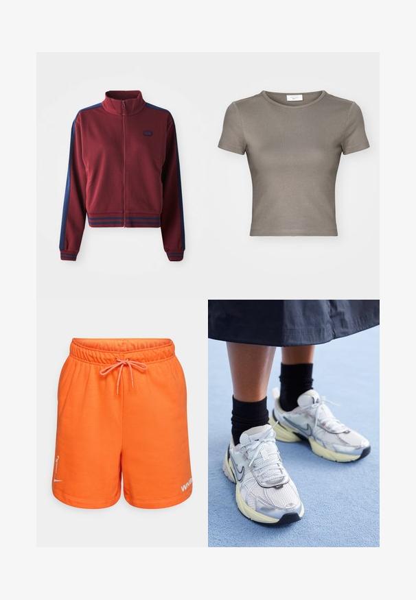 Maroon zip-up jacket with high collar, navy blue side panels, and striped accents at the cuffs and waistband. Soft, textured fabric.; Short-sleeve, crew-neck T-shirt in taupe, made from smooth cotton. Features a fitted design and fine stitching along the hem and sleeves.; Orange cotton shorts with an elastic waistband and drawstring. Features a logo on the left leg in white. Smooth texture and casual design.; White and silver Nike sneakers with mesh fabric, reflective accents, and a beige sole. Worn with black socks, standing on a blue surface.