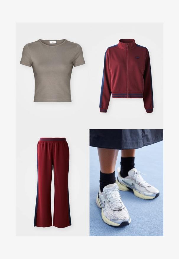 Bordinė zip-up striukė su aukštu apykakle, tamsiai mėlynomis šoninėmis panelėmis ir dryžuotais akcentais ant rankogalių ir juosmens. Minkšta, tekstūrinė medžiaga.; Viskozinis trumpomis rankovėmis, apvaliu kaklu T-shirt spalvos taupe, pagamintas iš lygaus medvilnės. Pasižymi tvirtu siluetu ir smulkiais siūlais aplink apykaklę ir rankoves.; Raudoni sportiniai šalčiai su laisvu kirpimu, turintys tamsiai mėlynas šonines juosteles ir plačius kojų modelius. Elastinga liemens juosta patogumui.; Balti ir sidabriniai Nike sportbačiai su tinkline medžiaga, atspindinčiais akcentais ir smėlio spalvos padu. Dėvimi su juodomis kojinėmis, stovint ant mėlynos paviršiaus.