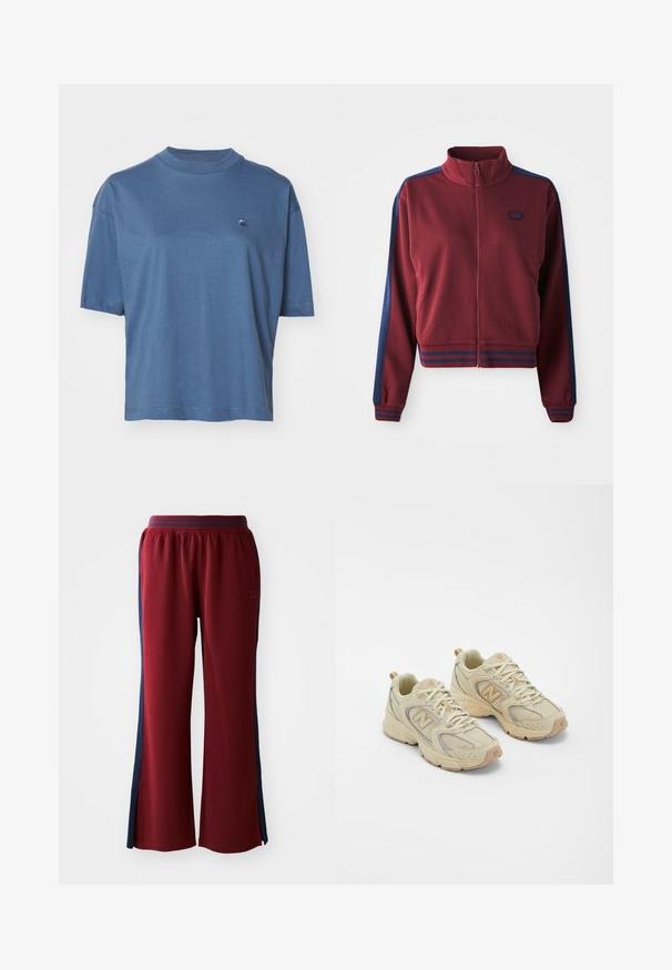 Bordeauxfarvet zip-up jakke med høj krave, marineblå sidepaneller og stribede detaljer ved manchetterne og livstykket. Blødt, tekstureret stof.; Carhartt WIP CHESTER - T-shirts basic - positano; Røde sweatpants med en løs pasform, med marineblå sidelister og et bredt ben design. Elastisk talje for komfort.; Beige atletik sko med mesh-overdel, teksturerede detaljer og gummisål. Har et fremtrædende logo på siden og snørelukning.